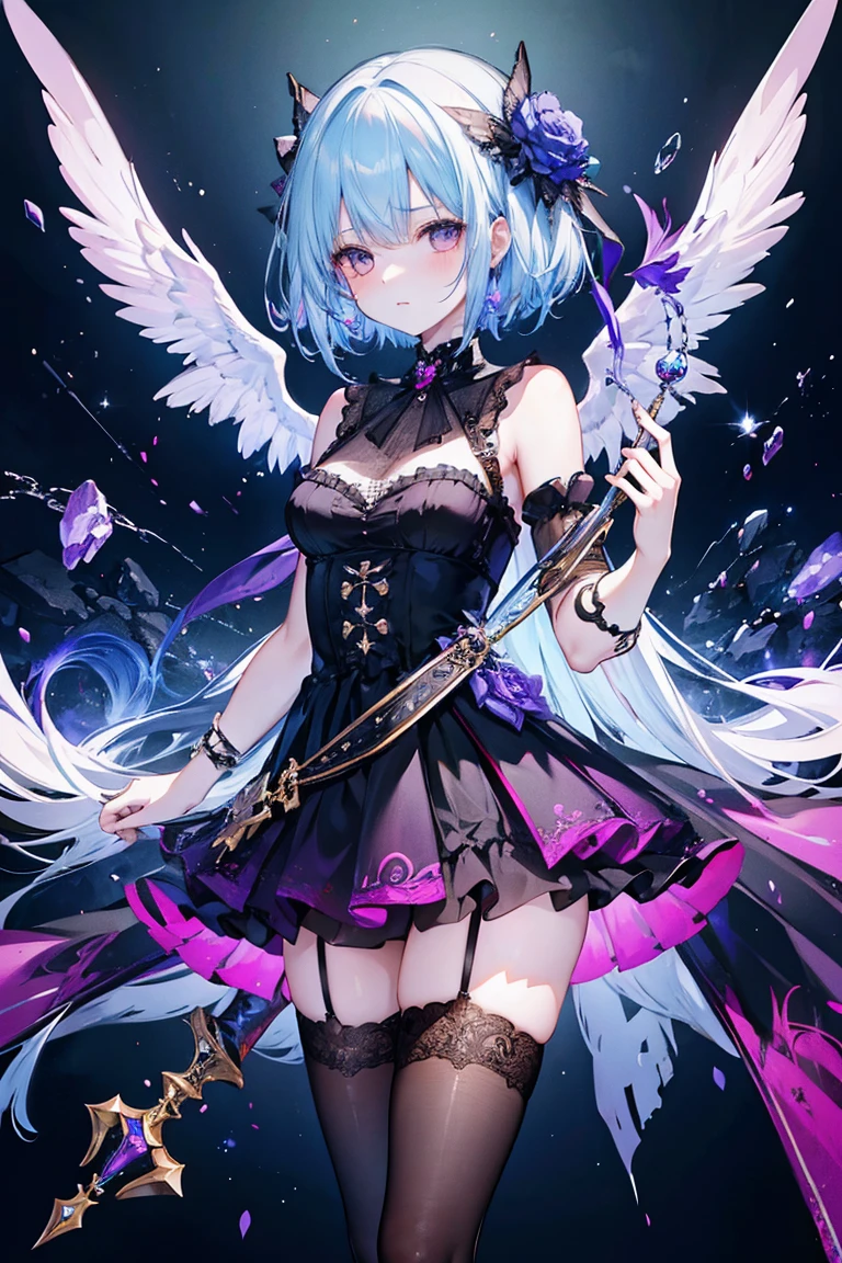 8 Surreal 8k CG，Fantasy，dream，Fantastic，sf，Charm，，Charm，Intricate details，18 year old girl in a chiffon dress，Highest quality，stockings，Cool Weapons，Colorful background