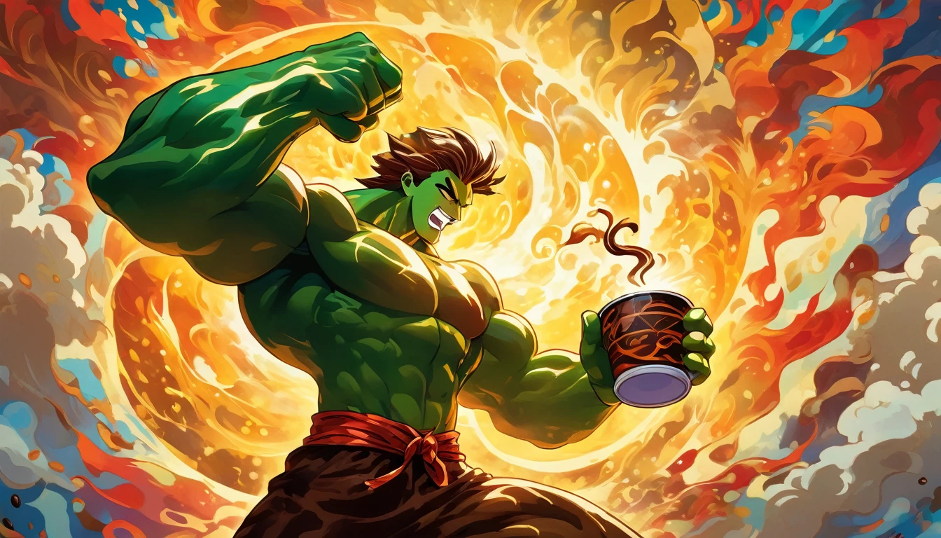 Create a vibrant, colorful image that represents the strength of coffee, in an anime style. In the center, place a steaming cup of coffee with a liquid of deep, rich color, emanating an energetic aura. Next to the cup, add a muscular man in a powerful pose, such as lifting a dumbbell or doing a power pose, to symbolize the energy and vitality provided by coffee. Around the cup and the man, include elements like bright coffee beans and fresh green leaves. Incorporate rays of golden light radiating from the cup to reinforce the feeling of energy. The background should be a kaleidoscope of bright colors like red, orange, yellow and green, creating a feeling of dynamism and power. The image should convey the idea that coffee is a powerful source of energy and revitalization, with an anime stylistic touch.