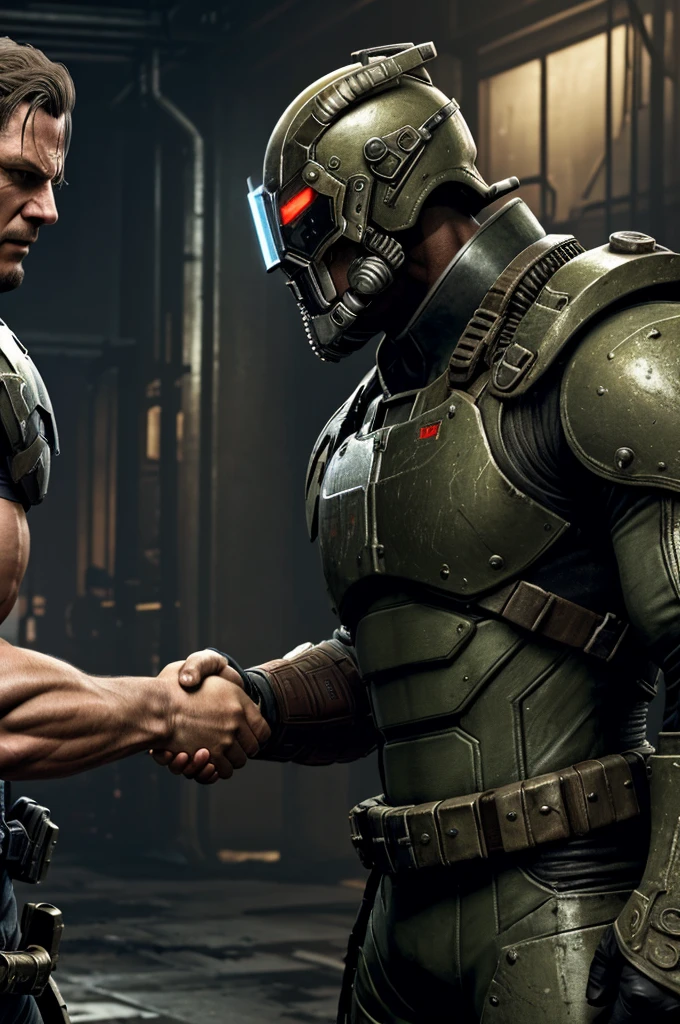 2 men, Senator Armstrong, metal gear revengeance, frank horrigan, fallout, abbs, buff, shaking hands, extremely detailed, masterpiece, wallpaper