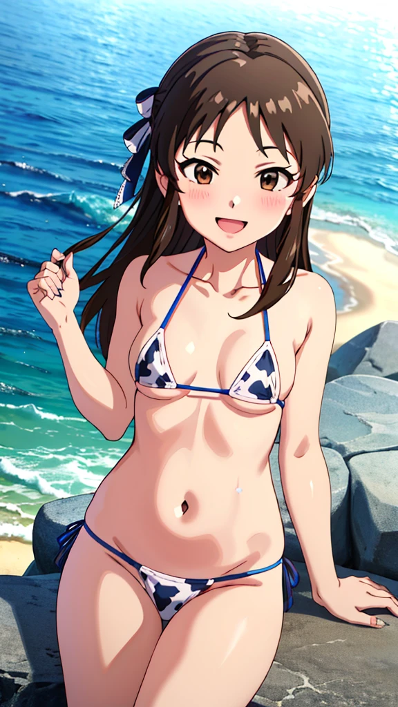 1womanl,Brown hair,ar old,(((Black Micro Bikini)))((Standing))(((Blushing cheeks、Smile with open mouth)),(((Kuroko Shirai))),((( Portrait on the knee))),sand beach,Black Micro Bikini,small tits