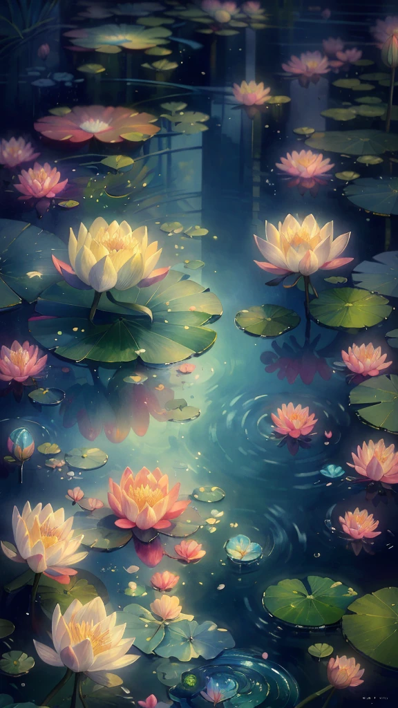 (best quality,high resolution,masterpiece:1.1),Extremely detailed,CG Rendering,8k wallpaper,(Bright colors:1.2),Water Lily,Delicate petals,landscape,reflection
