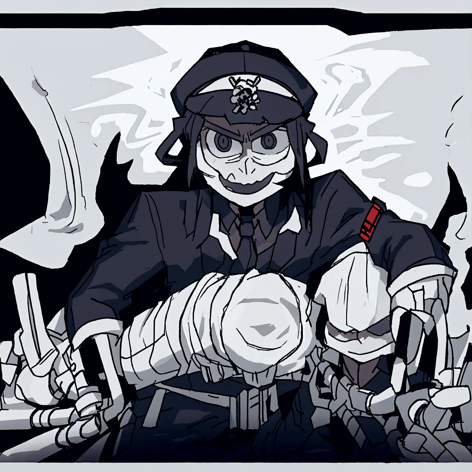 Male character of medium height, military hat with a skull, highly detailed dark military clothing