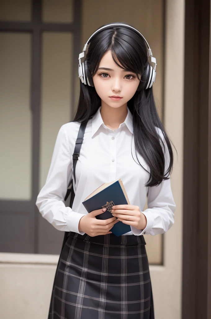 Make a beautiful  girl, her hair is black and painted a few strands of white in the front, she is holding books in her hand and is wearing a , she has a suit and a dress blouse, she has headphones on her shoulders