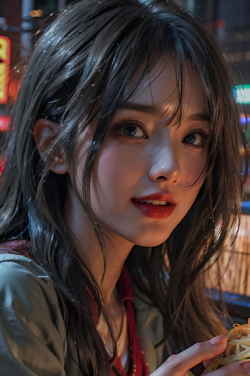 (masterpiece), Highest quality, Ultra-high resolution, close, The body is slim, One girl,, Long Hair, Laughter, Ramen, night, Tokyo restaurant background, Colorful lights, Photon Mapping, Radio City, Physically Based Rendering, Cinema Lighting, Complex, High detail, Sharp focus, dramatic, Realistic