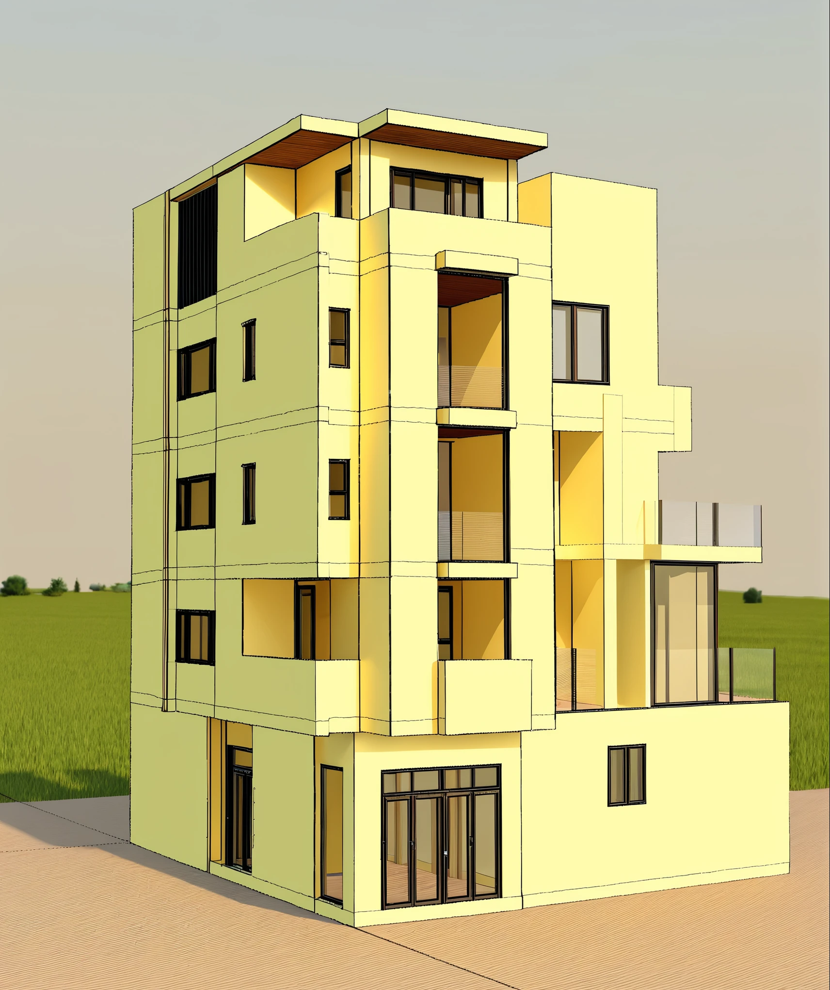 a rendering of a two story house with a balcony and a balcony, frontview, front-view, complete house, front elevation view, front perspective, facing front, front view, exterior design, 3/4 view realistic, elevation view, front side view, orthographic front view, mid-view, front side full, front view dramatic, front elevation