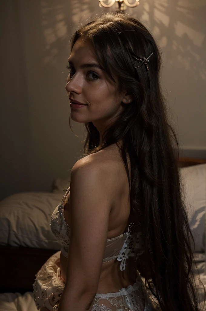 ((Best quality)), ((masterpiece)), ((highly intricate details)), beautiful lighting, 25 year old Scandinavian woman, ((long distance shot:1.3)), wearing lingerie, makeup, gorgeous, very long straight hair, cute smile, from the side, posing on the bed, dark romantic atmosphere