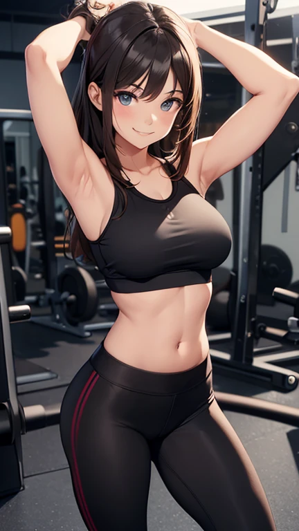 Beautiful young brunette fitness, Wearing tight black leggings at the gym, TomboySoloSexyNice Smile.