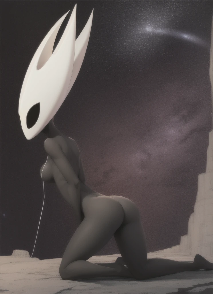 hornet, cute, chibi, bare feet, furry girl, anthro, thread, On his knees, solo,beautiful sexy body, skinny, medium breasts, medium hips, (best quality), (detailed dark cave background:1.2), looking at viewer, flat colors,rear view, rounded buttocks, rounded ass