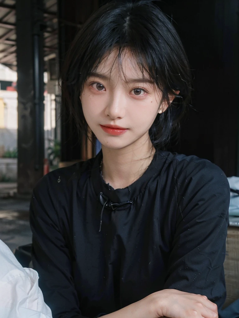 (Skin details:1.4), (smooth skin textures:1.3), （Upper body：1.4），（Upper Body：1.3)，(Black clothes:1.3)，Lipstick, background, earrings, serene, calm, (Realistic and detailed eyes：1.2）, Natural skin texture, Realistic facial details, Soft dramatic lighting, Vivid details, 35 mm film, outdoor, (Photo Practical:1.4), (hyper Practical:1.4), (Practical:1.3), (Smoother lighting:1.05), (Improve lighting quality:0.9), (Highest quality real skin textures:1.4), Exquisite eyes, Delicate face, Close-up of face, (Enhance the beauty of skin texture:1.1),0Normal body proportions, short hair, Moles under the eyes, A faint smile,Portrait Photography, Depth of Field, Bokeh, Surrealism, Ray Tracing, (Portrait Photography:1.1), Surrealism, High Detail, Chiaroscuro, Ray Tracing, reflected light, Ultra HD, Ultra HD, masterpiece, Textured Skin, Super Detail, High Detail, high quality, best quality