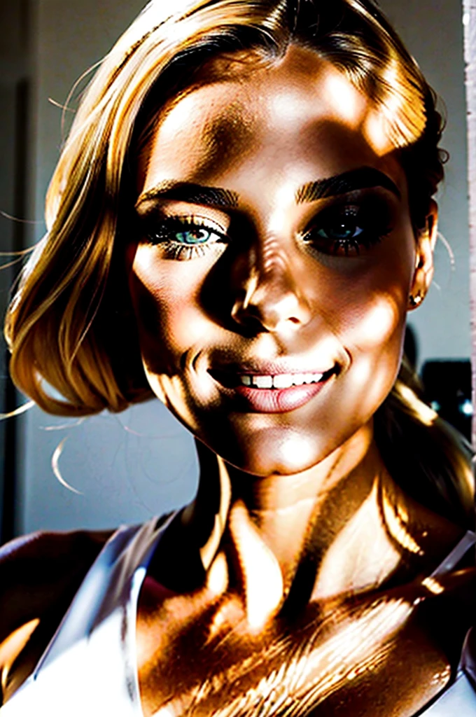 high resolution photo frontal portrait of a woman that has a radiant oval face with a striking and captivating appearance, radiating elegance and charm. A beautiful 29 year old woman with delicate and feminine facial features. Her long, wavy blonde hair frames her face in a charming way, while her warm ((Yeux noisette cristallins:1.2)) shine with intelligence and warmth and are framed by long dark lashes and well-shaped eyebrows. Her facial features are perfectly balanced, with an elegant nose and softly defined cheekbones. Her cheekbones, her facial features are high and prominent, perfectly balanced, with softly small and elegantly defined cheekbones. Her smile is radiant and infectious, lighting up the room whenever she enters. Her full, naturally pink lips add a touch of seduction to her already captivating presence and often curve into a warm, friendly smile that reaches her eyes. Gabriela meticulously takes care of her appearance, maintaining clear, smooth and flawless skin with a golden tone that enhances her natural beauty and radiates a healthy glow. Her oval face is complemented by long, flowing blonde hair that cascades over her shoulders with a natural, healthy glow. Overall, Gabriela has a classic, timeless beauty with an approachable girl-next-door charm  --style raw  --ar 3:4