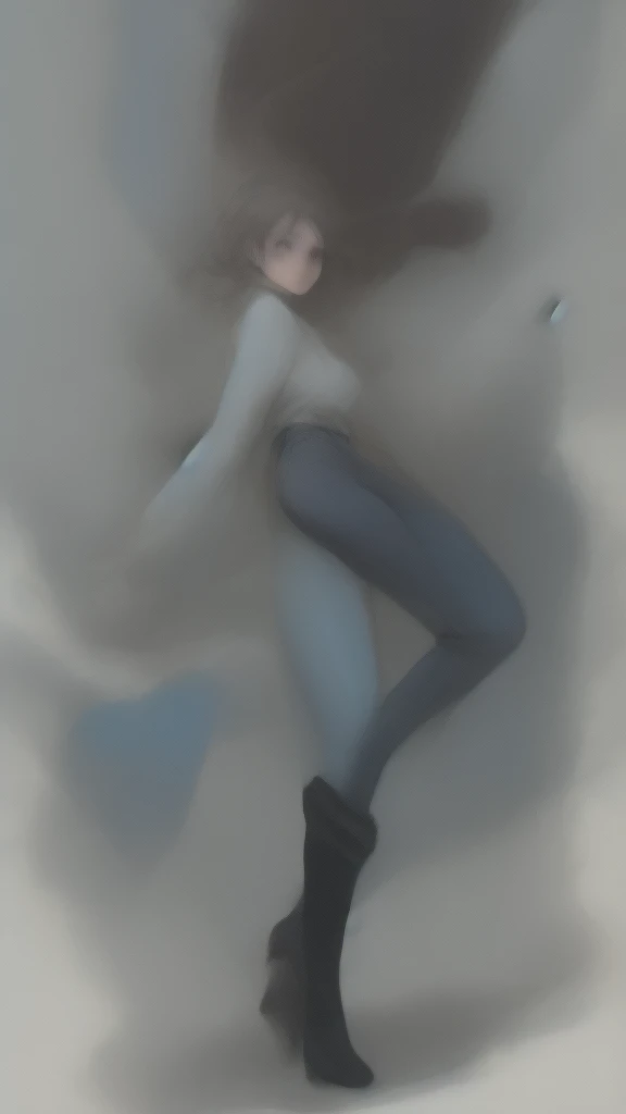 The woman wears a blue and black sweater, long jeans, and black boots.