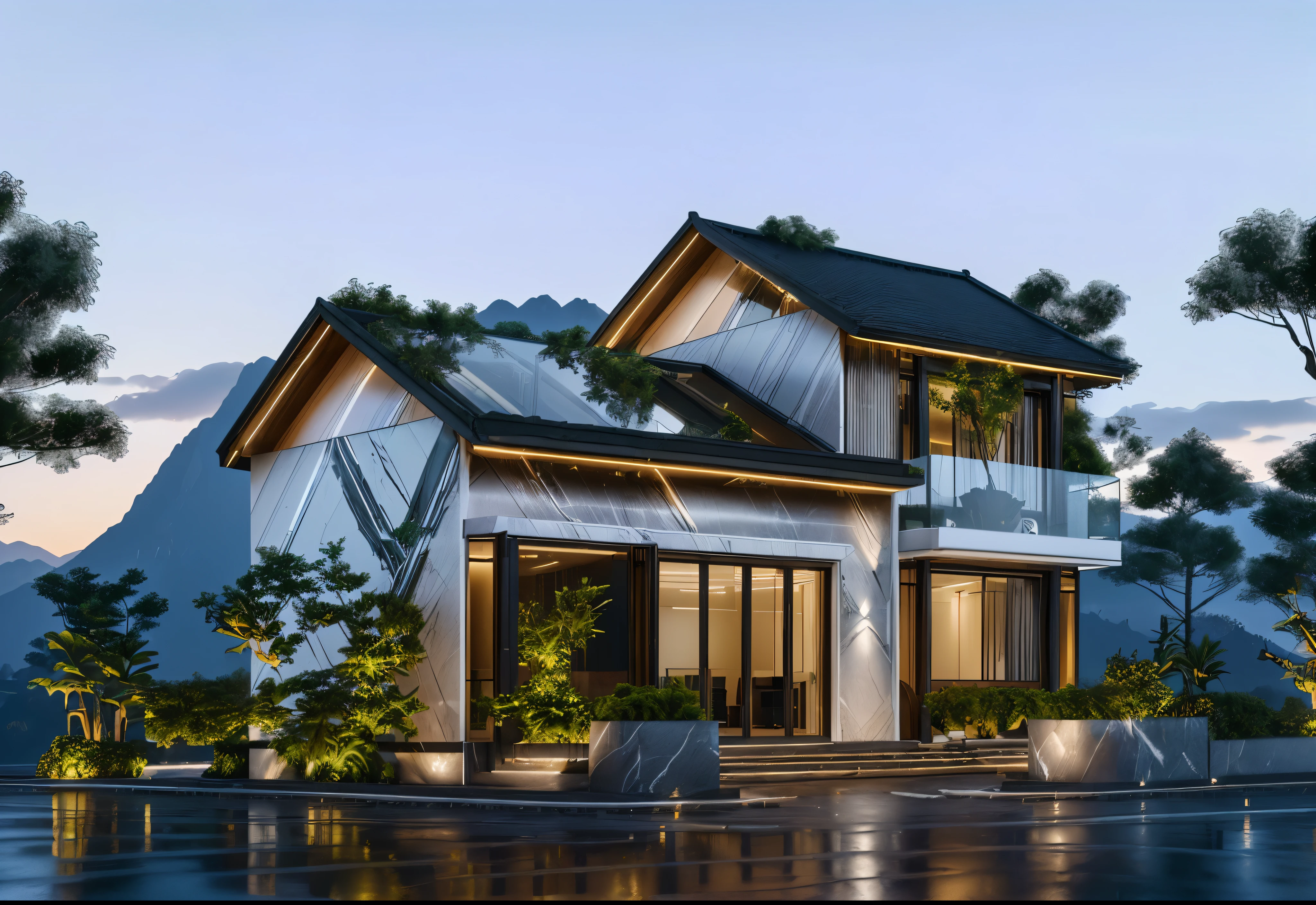 3D render of a beautiful house, Dark, gray tones, white wall. lumion render, night time render, insanely detailed rendering, realistic architecture, architectural visualization. The house is adorned with elegant lighting and plants to enhance its exterior appearance in a Vietnam city street. The staircase leading into the house is tiled with black marble and has bright LED lights. Behind are hills and mountains with clear blue sky. balcony with green plants. The main door is made of black aluminum and glass reaching up to the ceiling. Looking through the glass windows to look inside the house with luxurious interiors with luxurious and warm lights, interior lighting rendering and lighting effects. marble and wood and glass, dark and modern, luxcore render, taken with professional photography techniques, using a wide angle lens with bright natural light and high resolution details, in the style of professional photograph, hyper realistic, highly detailed.