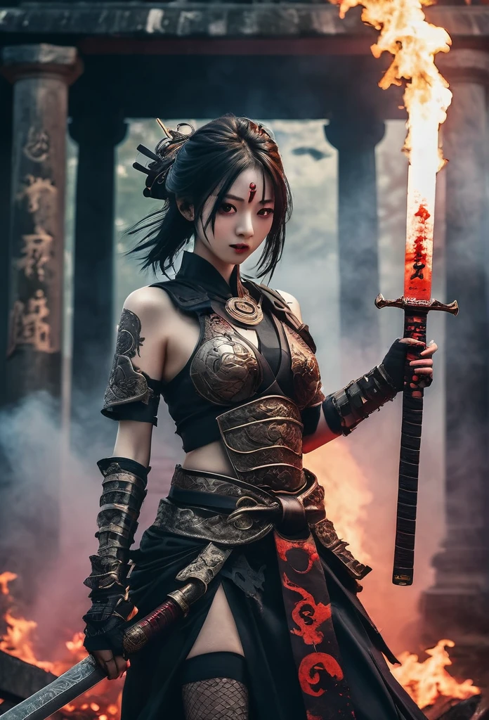 a blood girl, made of smoke, wearing a warrior outfit complete with armor floating around the ruins of an ancient temple, inspired by Japanese gods, carrying a large god sword, temple background, Japan, dark, horror vibes, gothic, smoke, fire, big add some big snakes behind, japanese mythical god, evil smile, crazy eyes, blindfold, fuji color, high detail, high quality, accurate