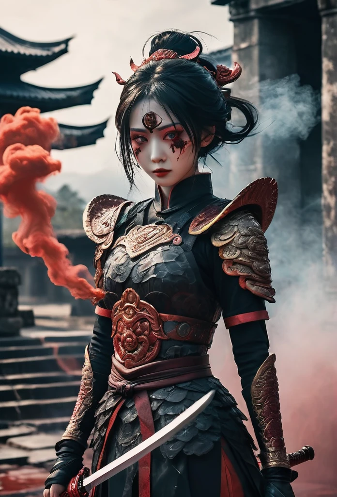 a blood girl, made of smoke, wearing a warrior outfit complete with armor floating around the ruins of an ancient temple, inspired by Japanese gods, carrying a large god sword, temple background, Japan, dark, horror vibes, gothic, smoke, fire, big add some big snakes behind, japanese mythical god, evil smile, crazy eyes, blindfold, fuji color, high detail, high quality, accurate