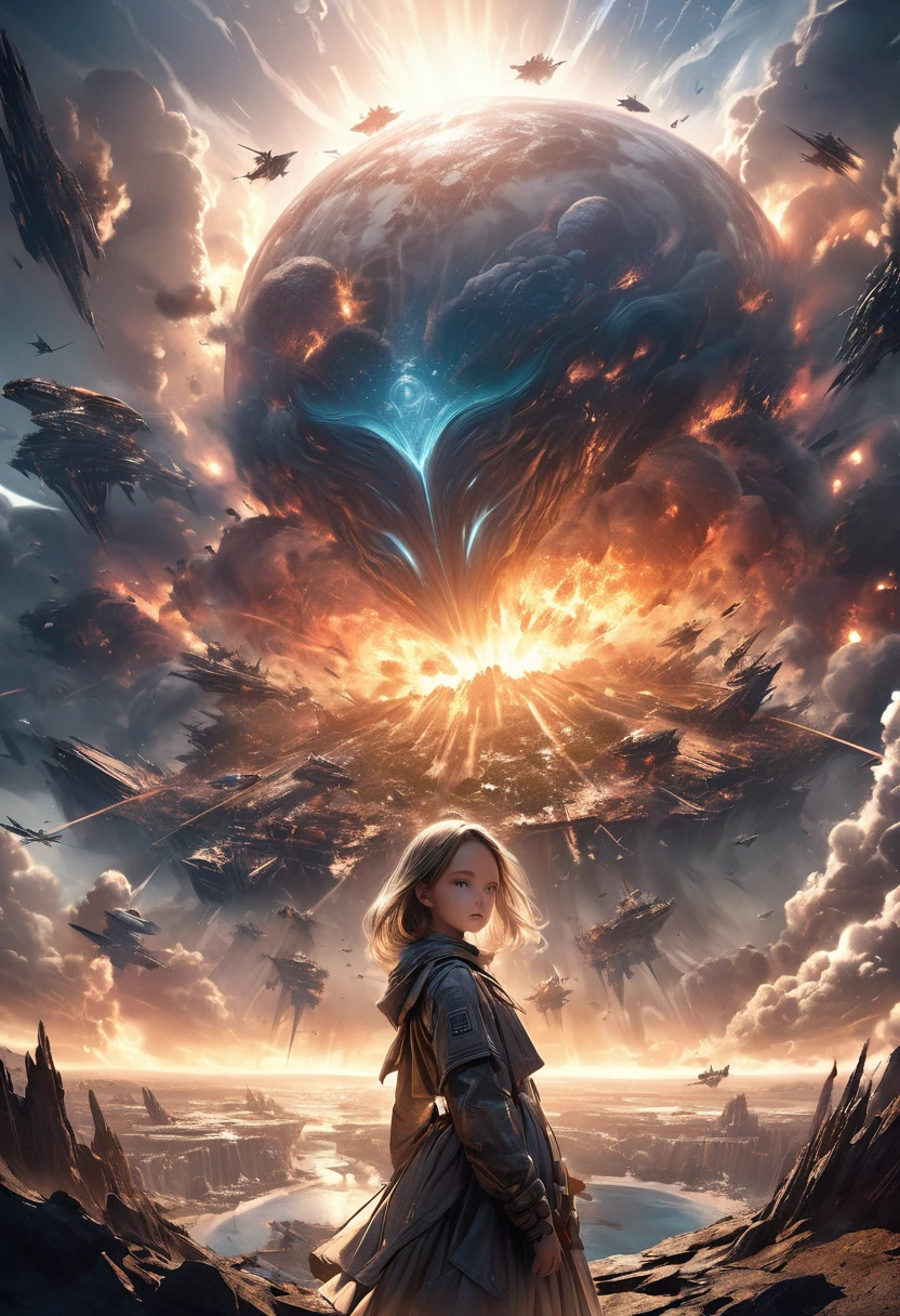 (double exposure  Portrait of a praying beautiful cute girl):1.3, (layered (a futuristic epic battle between an advanced alien civilization and human forces, massive alien warships looming over a planet's surface, intense explosions and destruction on the planet)), intense atmospheric effects, dramatic lighting, highly detailed and cinematic composition, cinematic camera angles, sense of overwhelming scale and grandeur, rich textures and details, dramatic color palette, volumetric lighting, hyper-realistic and photorealistic, concept art style, matte painting, digital painting, 8K, HDR, cinematic lighting, dramatic shadows and highlights, masterpiece,