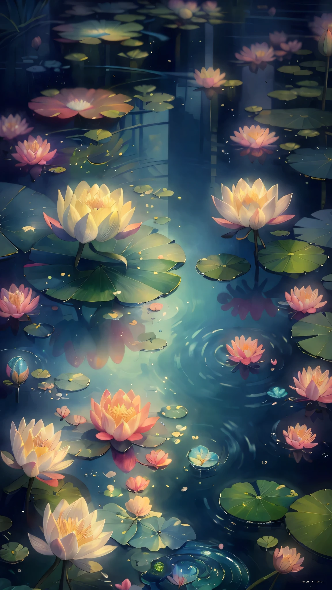 (best quality,high resolution,masterpiece:1.1),Extremely detailed,CG Rendering,8k wallpaper,(Bright colors:1.2),Water Lily,Delicate petals,landscape,reflection