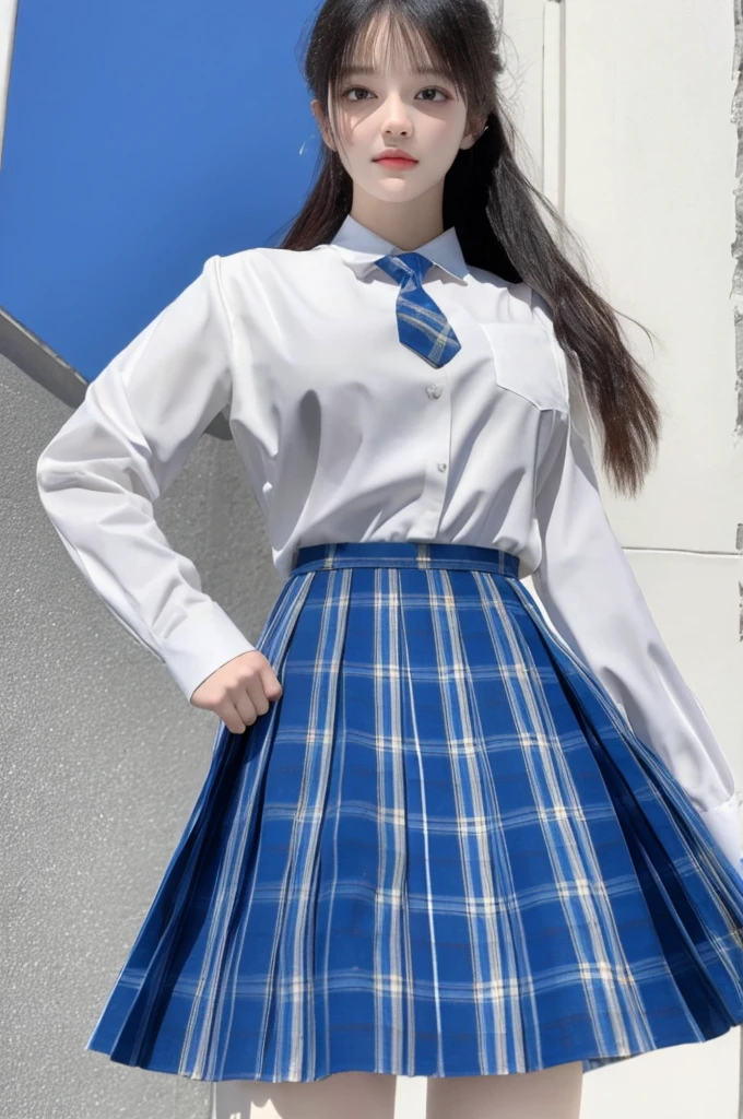 (8k, best quality, masterpiece:1.2), realistic, ultra highres, intricate details,
1girl,beautiful face, jk suit,white shirt,Blue tie,Tartan check skirt,pleated skirt, big breasts