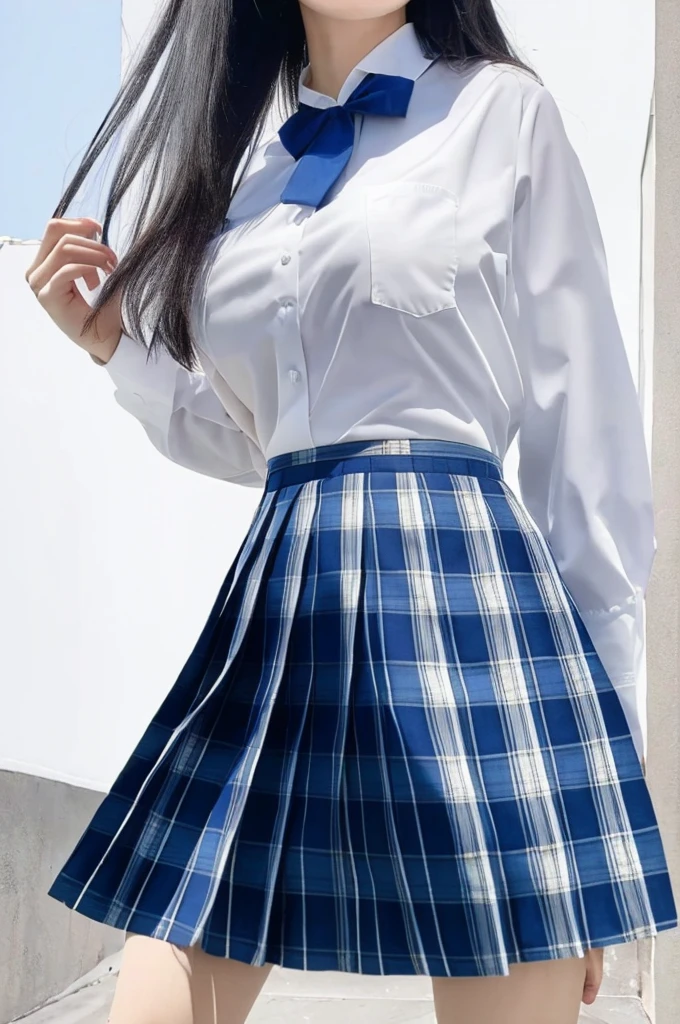 (8k, best quality, masterpiece:1.2), realistic, ultra highres, intricate details,
1girl,beautiful face, jk suit,white shirt,Blue tie,Tartan check skirt,pleated skirt, big breasts