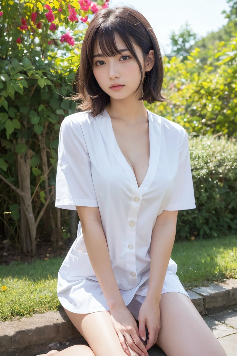 1 Girl,(Wearing white nurse clothes:1.2),(RAW Photos, Highest quality), (Realistic, photo-Realistic:1.4), masterpiece, Very delicate and beautiful, Very detailed, 2k wallpaper, wonderful, finely, Very detailed CG unity 8K wallpaper, Very detailedな, High resolution, Soft Light, Beautiful detailed girl, Very detailed eyes and face, 美しくEvery detailこだわった鼻, finely beautiful eyes,(8K,High Dynamic Range,High resolution),((((Ultra-realistic,masterpiece,Highest quality,超High resolution))),(ピンLight,Light),(Hyper Detail,Every detail)High resolution、Tabletop、Brown Hair、I、female number one、、garden、Background of autumn leaves、Detailed eyes、((Brown-eyed)),Beautiful and perfect legs, Clean and perfect hands(place your index finger over your mouth:1.2), ((Annoyed expression)),Beautiful boobs,Good style,(Facing forward)(((Blushing、Embarrassed expression)),maikurobiki, huge ,Chopping,Accentuate your cleavage, Sexy,Long legs, Spread your legs, Sharp Eyesight,