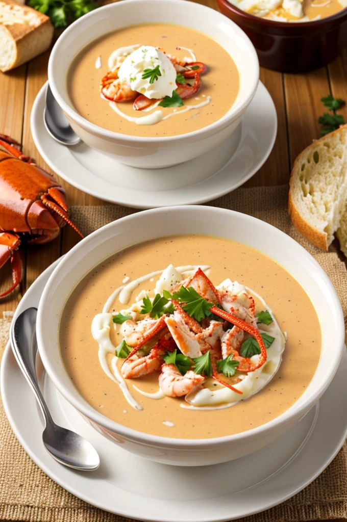 Lobster Bisque: A smooth, creamy, and rich soup made from lobster shells and often garnished with pieces of lobster meat and a drizzle of cream.