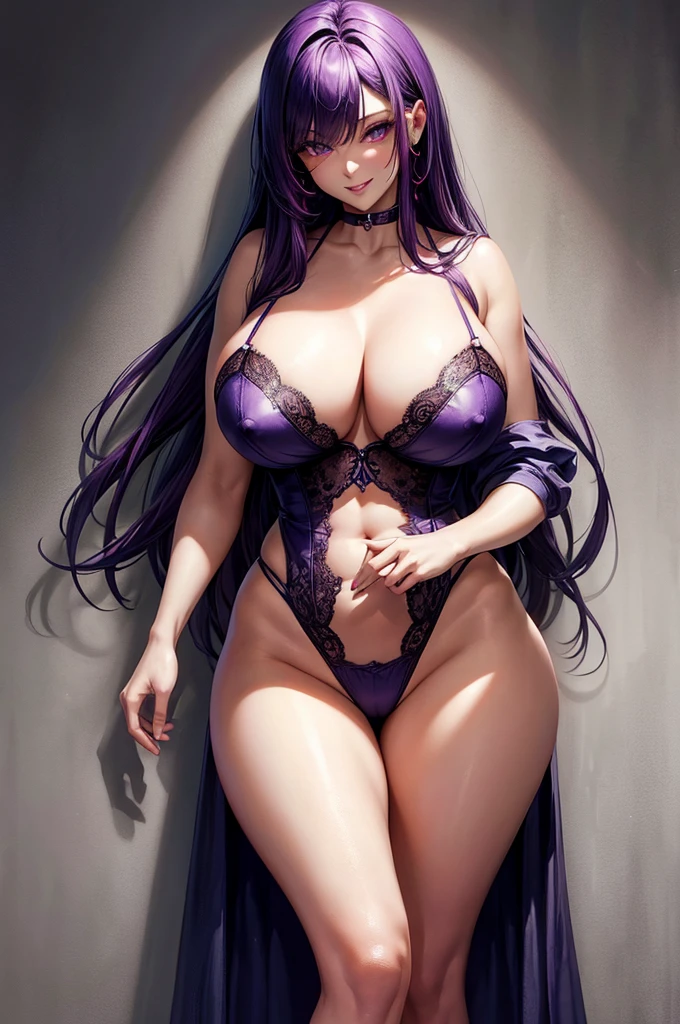 (masterpiece:1.3), (best quality:1.3), high resolution, one girl, solo, white skin, big Breast, red-purple hair, very long hair, beautiful hair, violet eyes, beautiful eyes, big eyes, beautiful detailed eyes, big lips, glossy lips, very curvy body, long legs, big butt, wide hips, thick thights, defined image, seductive gaze, gaze, seductive faciression, smurking, malicious smile, captivating eyes, shadowlighting, sexy, ling, nipples showing through the lingerie fabbric, detailed nipples, detailed erogenous parts, giantess shot