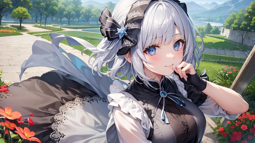 Ultra HD,Look at the viewers, Put your hands behind your back, With a girl, 20-year-old, 非常にShort Hair, Long bangs between the eyes, Pale blue eyes, hoodie, skirt , Very detailed,(masterpiece、Highest quality),Gray Hair、Laughter、Fantastic, Silver Hair, Iris,  Short hair、 Fluttering Hair、Small Face、明るいsmile、(Detailed face) ,Professional Lighting,Wonderful landscape,blue sky, sunlight,Looking down from above,Portraiture、Open your mouth、Flower Field、Her eyes were shining、Mysterious and enchanting atmosphere。With AI Painting、とてもShort Hair, Long bangs between the eyes, Very detailed,(masterpiece、Highest quality)、alone、Gray Hair、Fantasy, Silver Hair, Fantasyな風景、White shirt、smile、Open your mouth、short hair、Short Hair、hairpin、black eye、Grey Eyes、Beautiful Eyes、