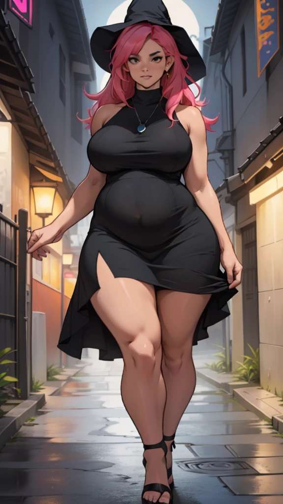 older woman in her 30s, with pink hair and a tall, curvy body, breasts big, in this, (work of art, best qualityer:1.2) wearing the legendary great black dress of the mystical sorceress, Big witch hat, pregnant, standing alone, alone, pink massive hair