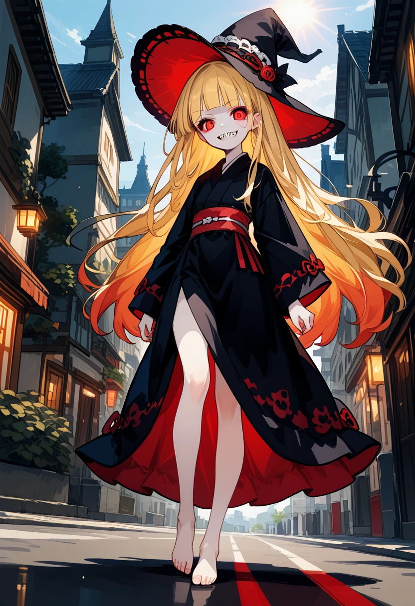 score_9, score_8_up,score_7_up,1 girl,solo,10 years old,(female child:1.5),(vampire:1.5),(witch:1.3),(europian:1.5),emaciated,red eyes,(slant eyes,tsurime:1.2),(blonde hair,very long hair,blunt bangs,straight hair:1.1),flat chest,(pale skin:1.5),(sharp teeth:1.5),(gothic lolita,black yukata:1.1),pointy hat,(kimono:1.1),(grin:1.5),skinny,outdoor,walking street,
(Rembrandt lighting, colorful reaction, lens flare, bloom,film Reflection),barefoot,foot focus,from below,bare legs,pale skin,ride angle,