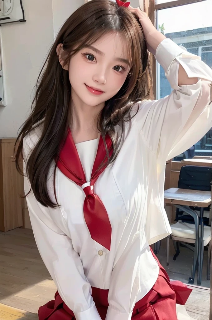 ((highest quality, 8K, masterpece :1.4,アニメ)), highest real,Sharpness:1.3, Perfect Body Beauty:1.4,super detailed face and skin texture,((Super Real,best quality)),(soft lighting),super detailed face, fine eyes, double eyelid,(ass pov),(((1 girl))),((make eye contact with the audience)),((Composition from the front:1.4)),fine detail,highly detailed face and eyes, (cute face:1.6), ((NSFW:1.5)), my sister,18years old,(huge breasts :2,beautiful areola,small areola),(Glowing skin),---//background//---(Inside the In school, in the classroom, bright room, large windows, sunlight shines in)---//Hairstyle//---(Beautiful DARK BLONDE hair:1.2,CUTE SHORT HAIR:1.2)---//expression//---(SMILE FACE:1.4)---//Pause//---(Standing, arch back),((close up face:1.5,UPPER body:1.4)),(Tuck up your clothes)---//clothing//---((school uniform:1.4,sailor suit:1.4,RED RIBBON TIE:1.4)),((she is wearing an white shirt:1.5)),(RED SKIRT:1.2,Red and white check pattern:1.2)),((breast squeeze,press breasts together,Close your breast with both hands)))