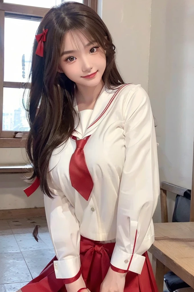 ((highest quality, 8K, masterpece :1.4,アニメ)), highest real,Sharpness:1.3, Perfect Body Beauty:1.4,super detailed face and skin texture,((Super Real,best quality)),(soft lighting),super detailed face, fine eyes, double eyelid,(ass pov),(((1 girl))),((make eye contact with the audience)),((Composition from the front:1.4)),fine detail,highly detailed face and eyes, (cute face:1.6), ((NSFW:1.5)), my sister,18years old,(huge breasts :2,beautiful areola,small areola),(Glowing skin),---//background//---(Inside the In school, in the classroom, bright room, large windows, sunlight shines in)---//Hairstyle//---(Beautiful DARK BLONDE hair:1.2,CUTE SHORT HAIR:1.2)---//expression//---(SMILE FACE:1.4)---//Pause//---(Standing, arch back),((close up face:1.5,UPPER body:1.4)),(Tuck up your clothes)---//clothing//---((school uniform:1.4,sailor suit:1.4,RED RIBBON TIE:1.4)),((she is wearing an white shirt:1.5)),(RED SKIRT:1.2,Red and white check pattern:1.2)),((breast squeeze,press breasts together,Close your breast with both hands)))