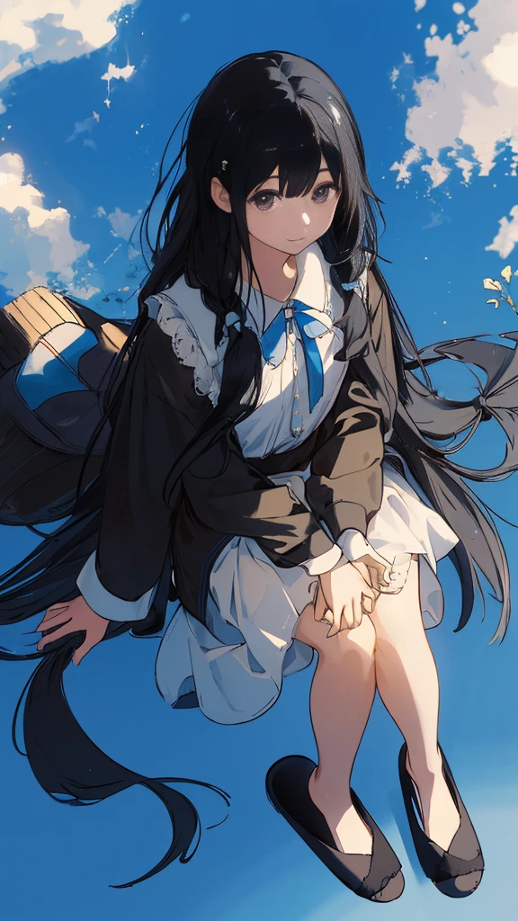 (Best quality, 8k, 32k, Masterpiece, UHD,:1.2),RAW, 1girl,ultra cute , natural lighting,transparent shining eyes, 20yo ,fair complexion, ((Extremely detailed CG unified 8k wallpaper)), white shirt、long sleeves、((Removed button))、cleavage、black pleated skirt、((white and black striped panties))、white socks、loafers、sitting, knees up、looking away, From Below