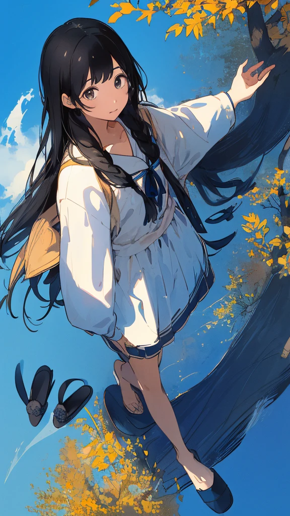 a girls, from above,black hair,long sleeves, long hair,long hair, on back,slippers,blue sky,Looking up at the sky