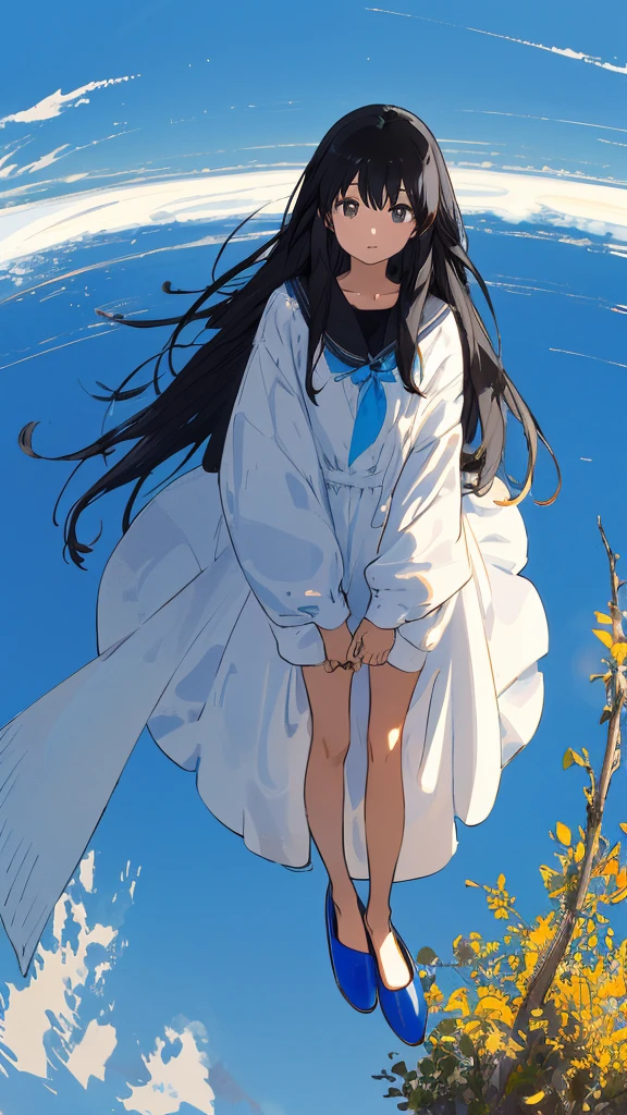 a girls, from above,black hair,long sleeves, long hair,long hair, on back,slippers,blue sky,Looking up at the sky