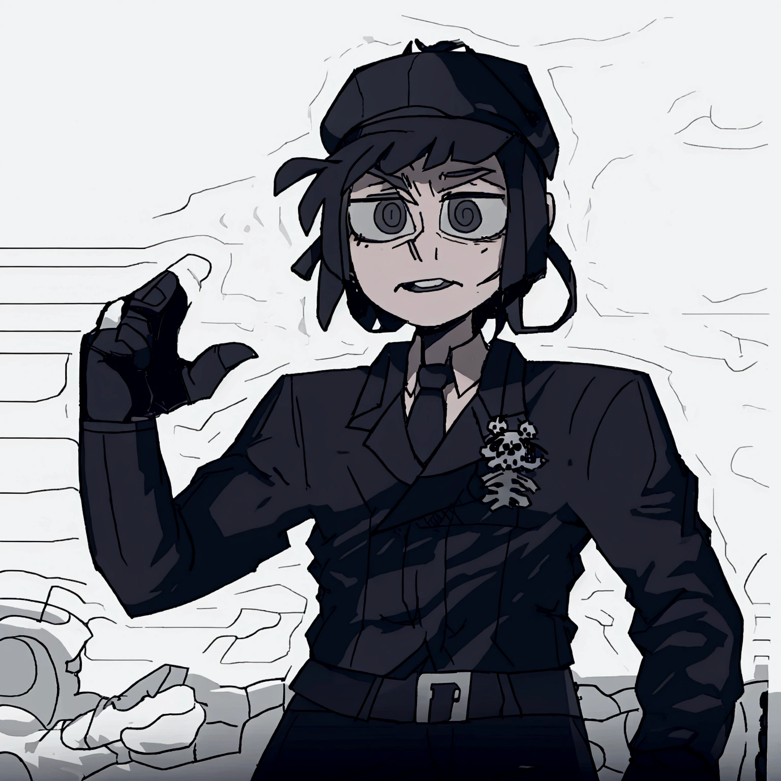 Male character of medium height, military hat with a skull, dark military clothing