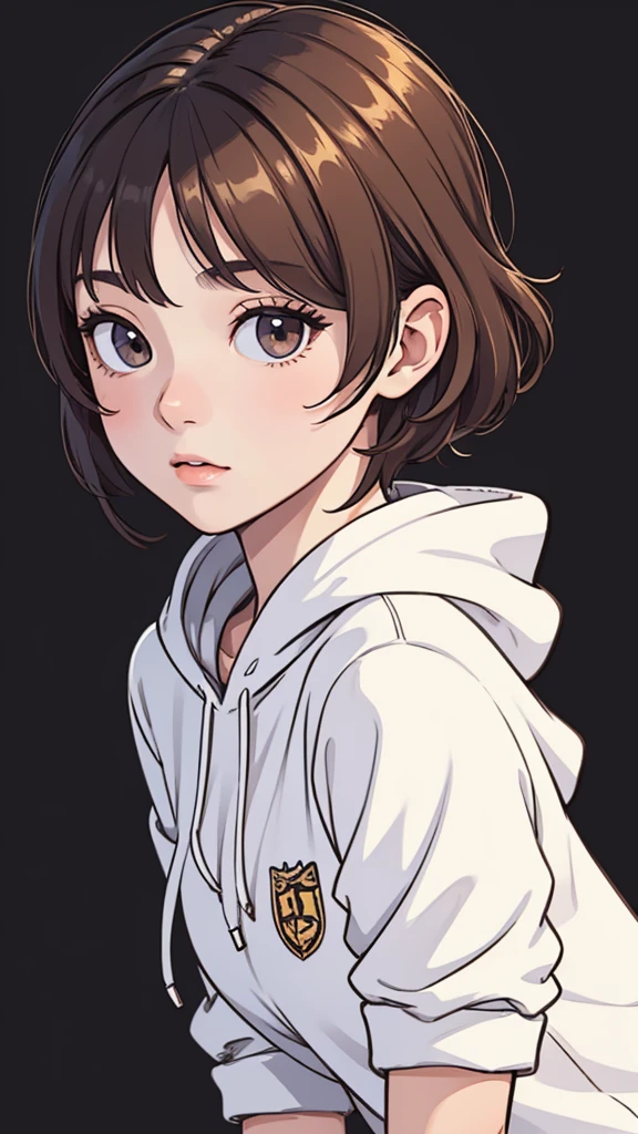 (((masterpiece, best quality, ultra highres, 1 girl, solo, no background))), super detailed skin and face and eyes and finger, beautiful japanese woman, small breasts:1.5, skinny, light brown hair, white background, very short curly pixie hair, (an illustration of girl), Knee shot, Generate with illustrations, Various expressions, Various poses, Please draw the entire character within the frame, ensuring that the head, arms, and legs are not cut off. The background should be simple, with the character positioned centrally, outline, anime, hoodie,