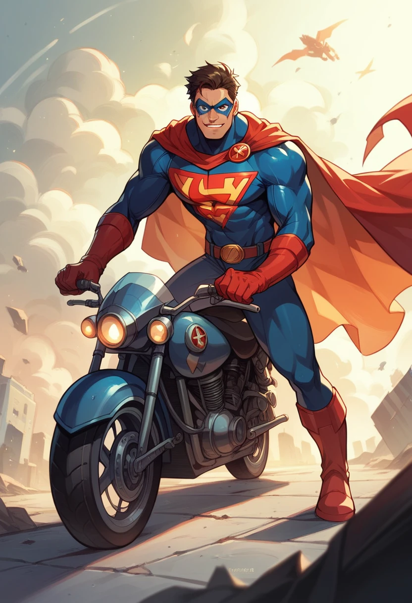 Motorcycle, superhero, hero, strongest human, cloak, mech, tank, strong, robust male