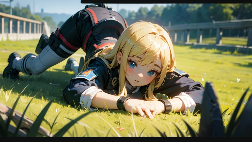 Girl doll、bank、river、bridge、Enjoying airsoft、uniform、Crawling through the grass,octane render、(Hyper-detailing: 1.15)、cinematic lightening、super fine eyes、Full Paint、Anatomically correct、Blur、Depth of written boundary