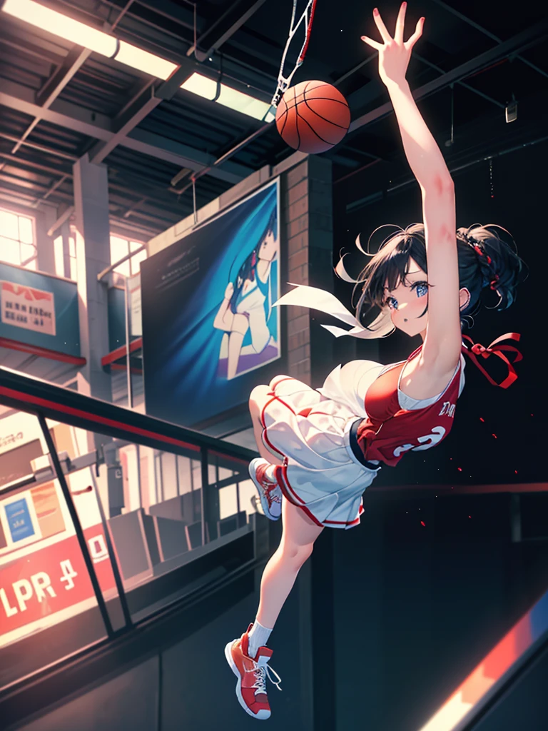 Highest quality、High resolution、Detailed Background、Beautiful Face、High detail、(Perfect Anatomy, Perfect Style)、(Detailed facial expressions)、(fine grain:1.2)、Teenage Beauty、(very wide shot:1.5, full body:1.4), One Girl、Elementary school students, Cute black hair、Braided Bob, Braided, clear, deep blue eyes、Braided Ponytail, Braided bob cut, Basketball game in the gym, jumping:1.5, dunking:1.5, brake, Incredible jumping ability:1.5, Suspended in the air, ready to shoot:1.5, ((aerial view:1.5, shoot from side, looking up)), (Bright red uniform:1.5, Blue Line, No sleeve:1.5, Red high-top basketball shoes)、(armpit:1.2), ((large breasts:1.2, pointy breasts:1.2, high breasts:1.2)), He is about to hit the ball he is holding in one hand into the basketball goal above his head., The goal is 3m above the ground.