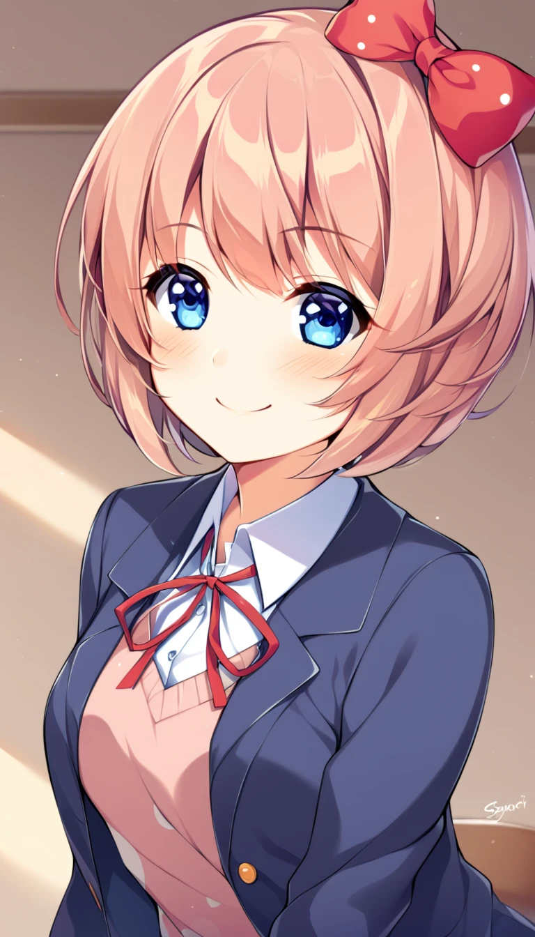 one girl, lovely, blazer, Sayori, my childhood friend, cute, short hair, blush, light blue eyes, hair bow, cheerful girl, smile at me, fascinating, laugh cutely
