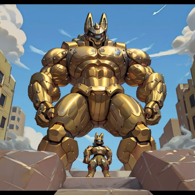 (situation 1 : dominating Shiny_Mega_Lucario. Shiny_Mega_Lucario is over 1000 meters long. focus GIANT mechanical Muscular Shiny_Mega_Lucario is trampling the city. Looking down. macro. stomp. Low-angle perspective. emphasizing the immense size.)

(situation 2 :smoke and flames rising from the destruction in the city)

(Additional details 1: wearing a full-face helmet. golden armor. Armored Flazzard. Armored_Flazzard. high-tech bio-mecha armor. real texture material. whole body shines like metal. Wearing cyberpunk mecha. emphasizes the muscles. suit fully made of metal. intricate armor. Robotic suit. suit fully made of metal. cyborg. no face.).

(Additional details 2: (Detailed head. Detailed Body. Detailed abs. gigantic muscles. HYPER MUSCLES. Gigachad Muscular. big muscle. pecs. triceps. traps. unusually developed muscular body. body full of huge muscles. showing off muscles. pectorales enormes. Exaggeratedly huge muscles. huge muscles. long legs.).

(Additional details 3: Spread wings. It has wings. have big wings. The claws are sharp. Sharp teeth).

(Additional details 4: golden hyper penis. hyper golden penis. big penis)