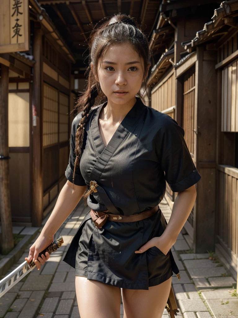 (full-body view, action shot:1.2), (a baby faced, adorably cute Japanese girl:1.2), (wearing male samurai costume), realistic mouth, perfect eyes, thin lips, blushing cheeks, symmetrical face, bare face no make-up, accurate face, with realistic natural skin, (soaked in sweat:1.1), subtle pores, tiny wrinkles, highly detailed skin, (short-length hair, ponytail hairstyle, messy hair:1.1), voluminous hair, (Unsheathing her katana sword), ((at the bustle street of edo period Tokyo )), (at the dusk), realistic background, natural background, realistic perspective, accurate perspective, realistic proportion, best quality photos, hyper-realistic, photorealistic, realism, highly detailed, masterpiece, conceptual photography, fine-art photography, natural lighting, dynamic lighting, key visual, film still, 8K photo, UHD, HDR, golden ratio composition, perfect color balance, perfect highlight and shadow, taken with Canon EOS-1D X Mark III, depth of field, Technicolor, Panavision, cinemascope, cinematic color grading, dramatic angle, extreme angle shot