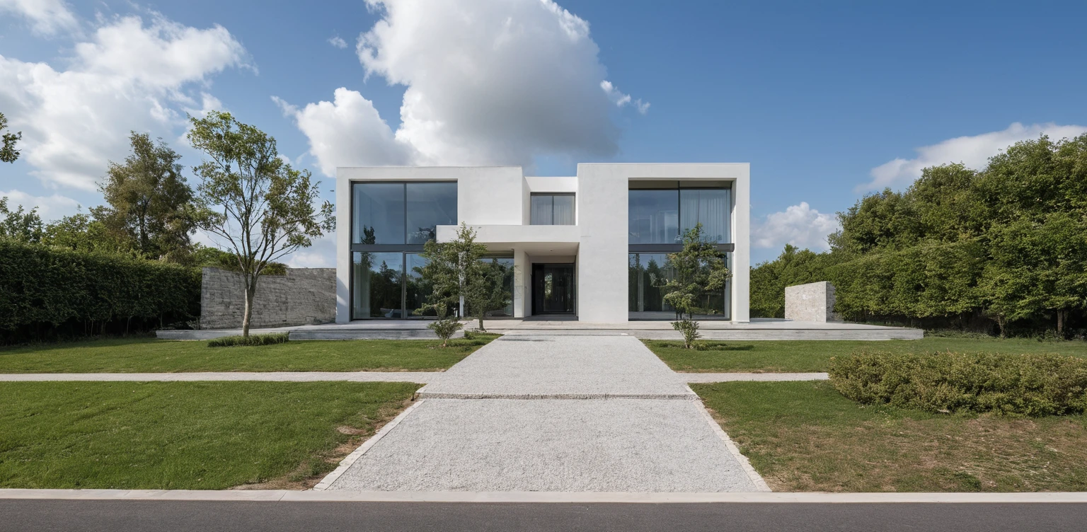 Masterpiece, high quality, best quality, authentic, super detail, outdoors, onestoreyvillaXL, aiaigroup, house style modern on the street ,stairs, white wall ,road,pavement, grass, trees, sky, cloud, (daylight:1.1)
