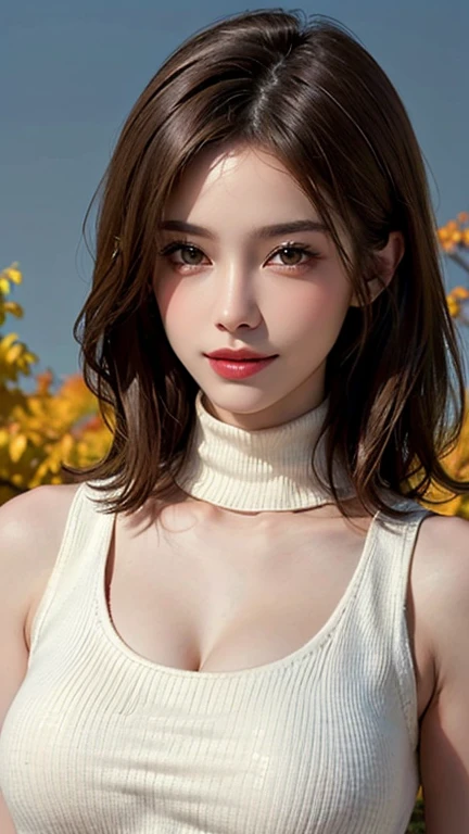 Beautiful Woman Photos ,(Off-white sleeveless turtleneck sweater with an open chest, Cleavage:1.2) , lean physique, Beautiful appearance, Shiny skin ,Detailed face, Fine grain, Iris, Glossy Lips , Large Breasts, Very detailed, smile, (elegant, elegant, Vibrant colors,autumn,:1.1),Medium short dark brown hair, (Highest quality, masterpiece, Ultra-high resolution ,Realistic:1.3),