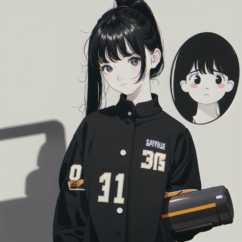 Black hair，Bangs，Wearing a ponytail，Big and cute eyes，Watery eyes，Black eyes，Wearing brown baseball uniform，The sleeves of the baseball uniform are off-white，Mug shot，No below the neck，Stick Figure，Simple lines，individual，Girls