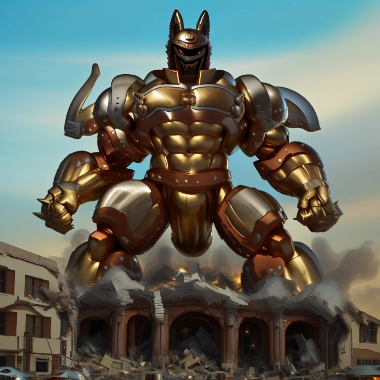 (situation 1 : dominating Shiny_Mega_Lucario. Shiny_Mega_Lucario is over 1000 meters long. focus GIANT mechanical Muscular Shiny_Mega_Lucario is trampling the city. Looking down. macro. stomp. Low-angle perspective. emphasizing the immense size.)
(situation 2 :smoke and flames rising from the destruction in the city)
(Additional details 1: wearing a full-face helmet. golden armor. Armored Flazzard. Armored_Flazzard. high-tech bio-mecha armor. real texture material. whole body shines like metal. Wearing cyberpunk mecha. emphasizes the muscles. suit fully made of metal. intricate armor. Robotic suit. suit fully made of metal. cyborg. He is wearing a golden cloak.).
(Additional details 2: (Detailed head. Detailed Body. Detailed abs. gigantic muscles. HYPER MUSCLES. Gigachad Muscular. big muscle. pecs. triceps. traps. unusually developed muscular body. body full of huge muscles. showing off muscles. pectorales enormes. Exaggeratedly huge muscles. huge muscles. long legs.).
(Additional details 3: Spread wings. It has wings. have big wings. The claws are sharp. Sharp teeth).
(Additional details 4: golden hyper penis. hyper golden penis. big penis)