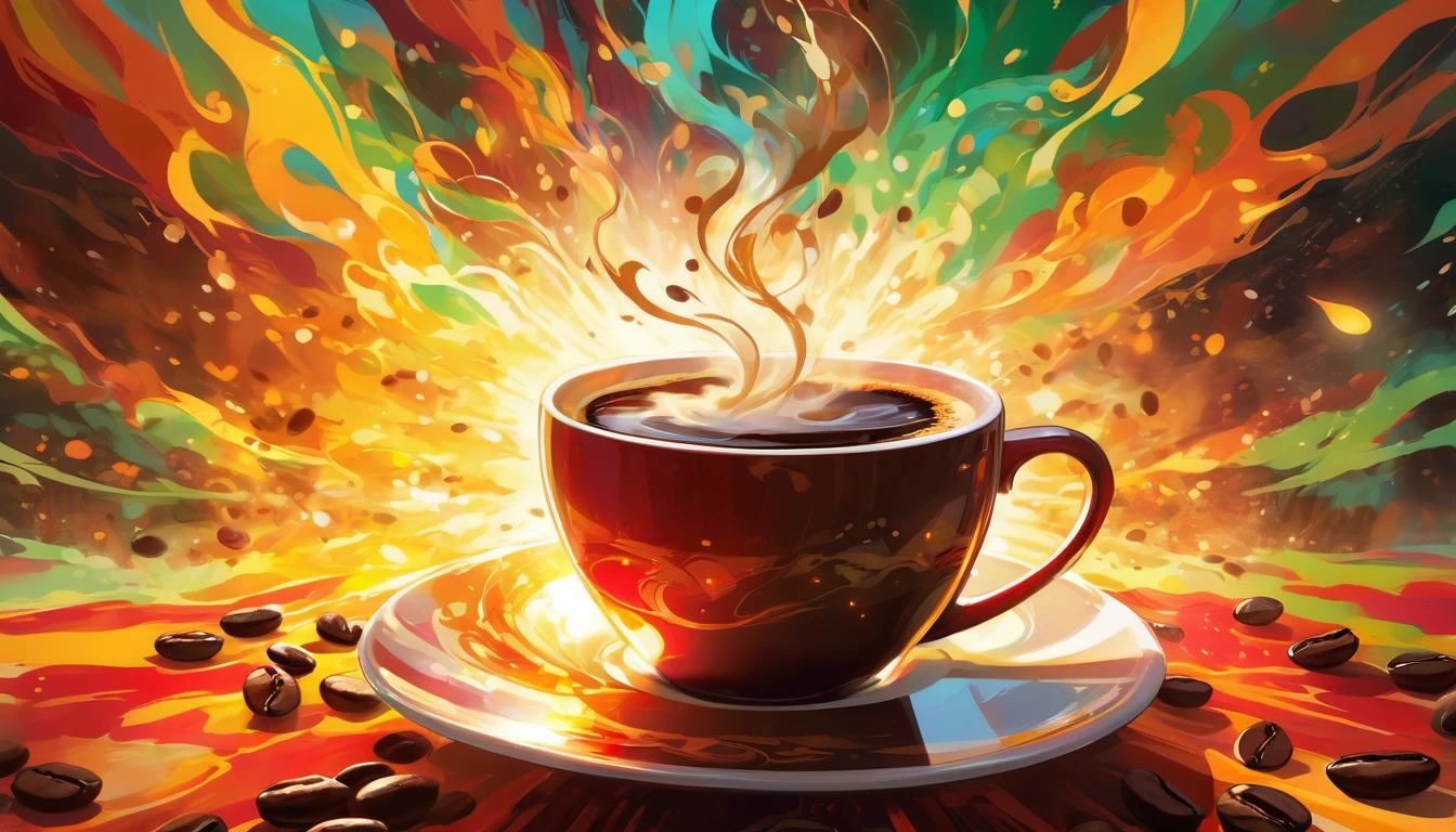 Create a vibrant, colorful image that represents the strength of coffee, in an anime style. In the center, place a steaming cup of coffee with a liquid of deep, rich color, emanating an energetic aura. Around the cup, add elements like bright coffee beans and fresh green leaves. Incorporate rays of golden light radiating from the cup to reinforce the feeling of energy. The background should be a kaleidoscope of bright colors like red, orange, yellow and green, creating a feeling of dynamism and power. The image should convey the idea that coffee is a powerful source of energy and revitalization, with an anime stylistic touch.