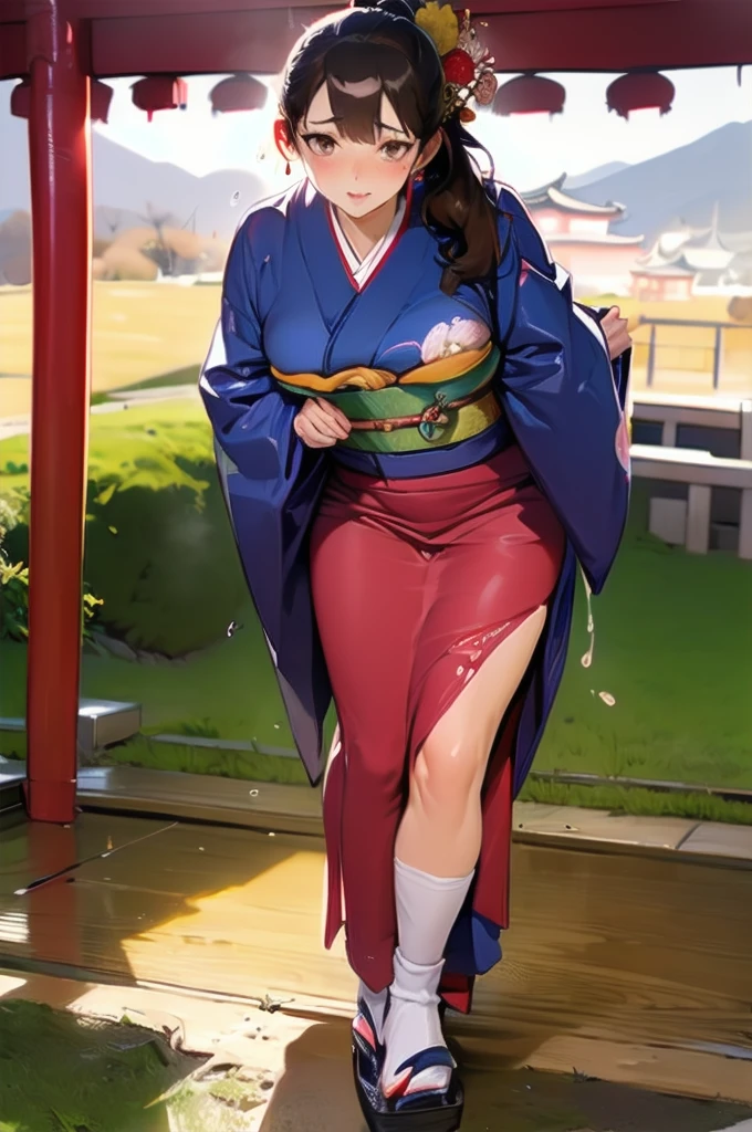 nsfw, (masterpiece, top quality, best quality, highly detailed:1.6), extremely detailed CG unity 8k wallpaper, (1 woman standing on the shrine, outdoor, kimono:1.5), Maxi Length, strong facial expression, (sharp eye:1.2), (scowl:1.1), (embarrassed,blush:1.3), (steam:1.5), (wet:1.1), (sweat:1.1), (trembling:1.3), (parted lips:1.4), (harf open eyes:1.5), (feeling weak:1.5), (shoot from front, looking at viewer:1.2), (leaning forward,close knees, hands between legs, pee running down legs:1.7), (((clutching crotch))), Sandals, (long hair, Brown hair, low ponytail:1.4), (woman trembling with sexual climax:1.5), colorful, full body, wide shot, perfect composition, (Crossing legs, Touching the crotch:1.7), urination, incontinence, piss, peeing self, A lot of pee, pee running down legs, (((pee stream))), (pee puddle), wetting herself, peeing, blush, trembling, embarrassed, large breasts, Yellow pee, ((leaking pee)), Shaking one's shoulders, Breaking a sweat on forehead, puddle of pee, Pee at your feet, Pee spread on the floor, (Pee stains), Feet wet from pee, Pee-covered feet, Pee at your feet, want to pee, about to pee, Full bladder, Pee-soaked kimono, Pee-soaked ankle socks, Pee-soaked sandasls, natural makeup,