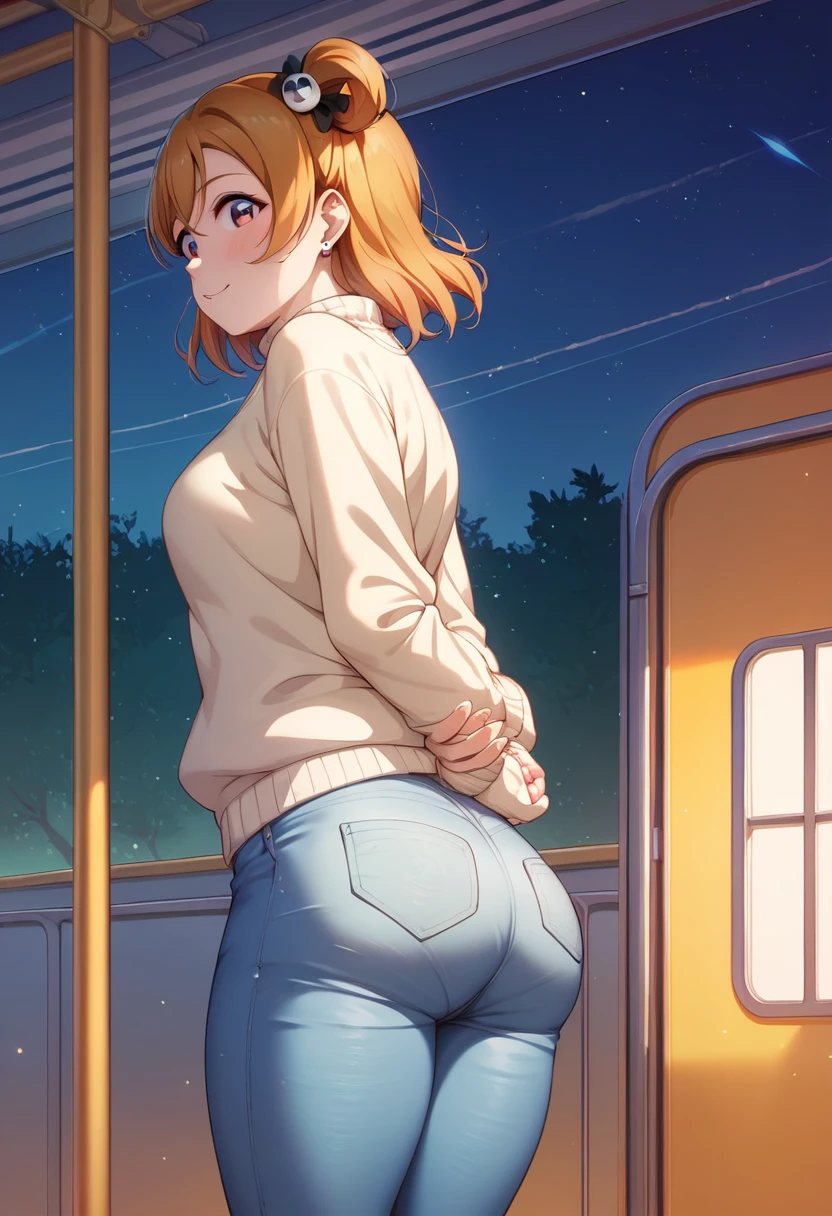 Honoka Kosaka love live, night, train station, tight jeans pants,sweater top,arms behind back, short hair, hair ornament, crotch lines, standing ،yearning