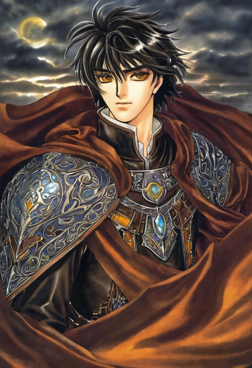 Create a fantasy anime boy character with rugged charm and an adventurous spirit. He has tousled dark brown hair and intense amber eyes that reflect his determination. Dress him in sturdy leather armor adorned with intricate runes and a flowing cape that billows in the wind. Place him at the edge of a mystical lake surrounded by ancient ruins, where magical runes glow softly in the moonlight, hinting at forgotten powers."