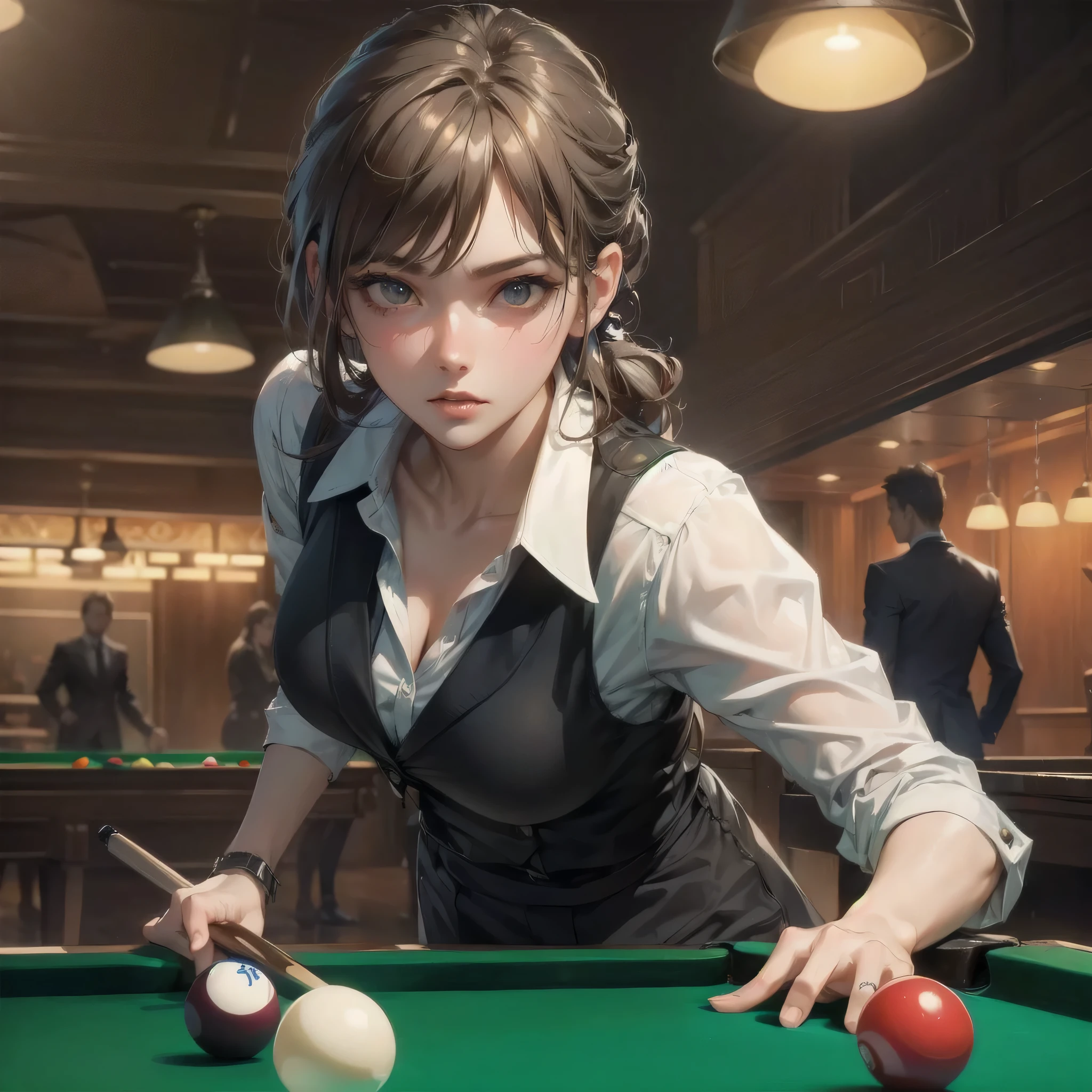  masterpiece, (textured skin), best quality, gorgeous beautiful girl, (a female billiard athlete), detailed clothes,large breasts,narrow waist,, (beautiful face), cinematic lighting, (at billiard venue ),